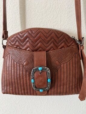 Brown Quilted Crossbody Bag with Turquoise Accent Buckle